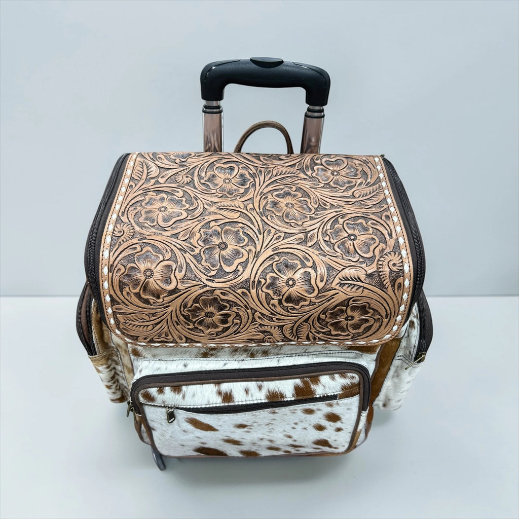 Tooled Leather & Cowhide Rolling Backpack