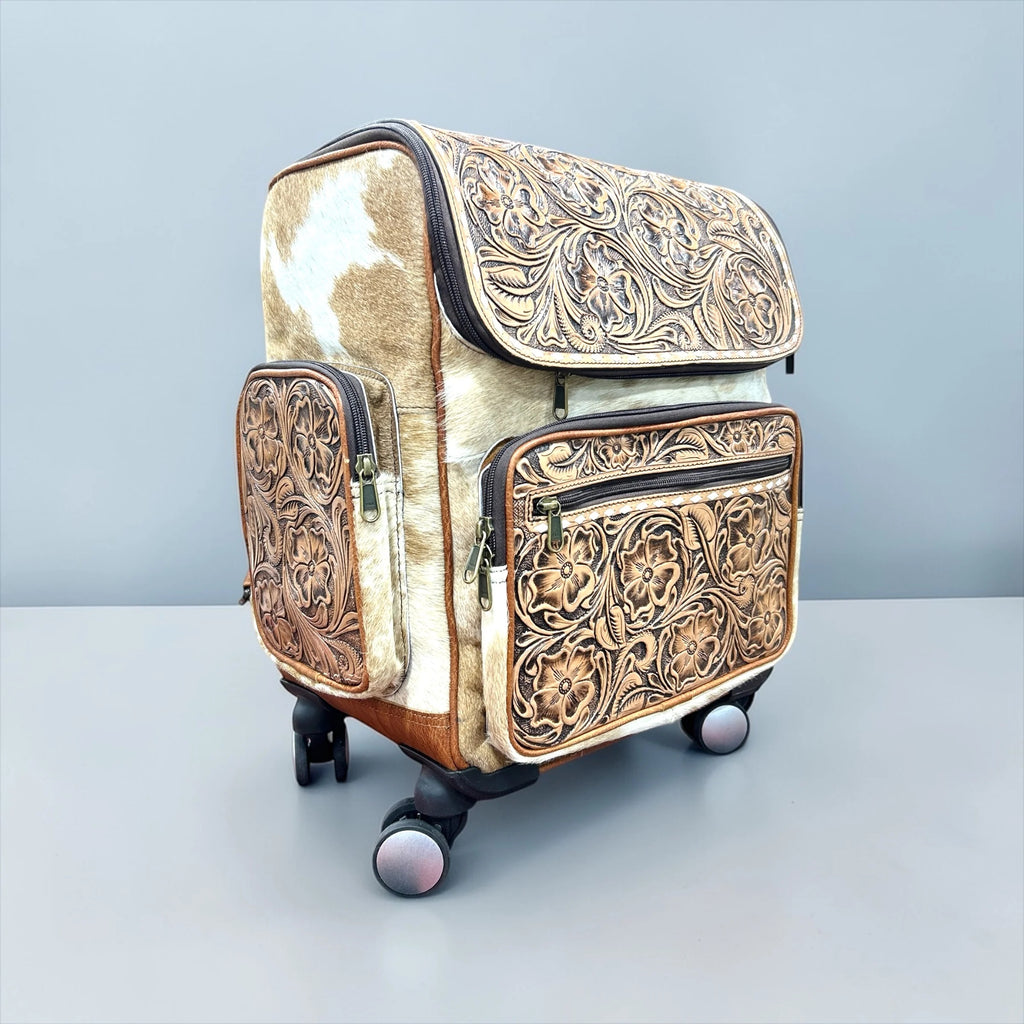 Floral Tooled Leather & Cowhide Rolling Backpack