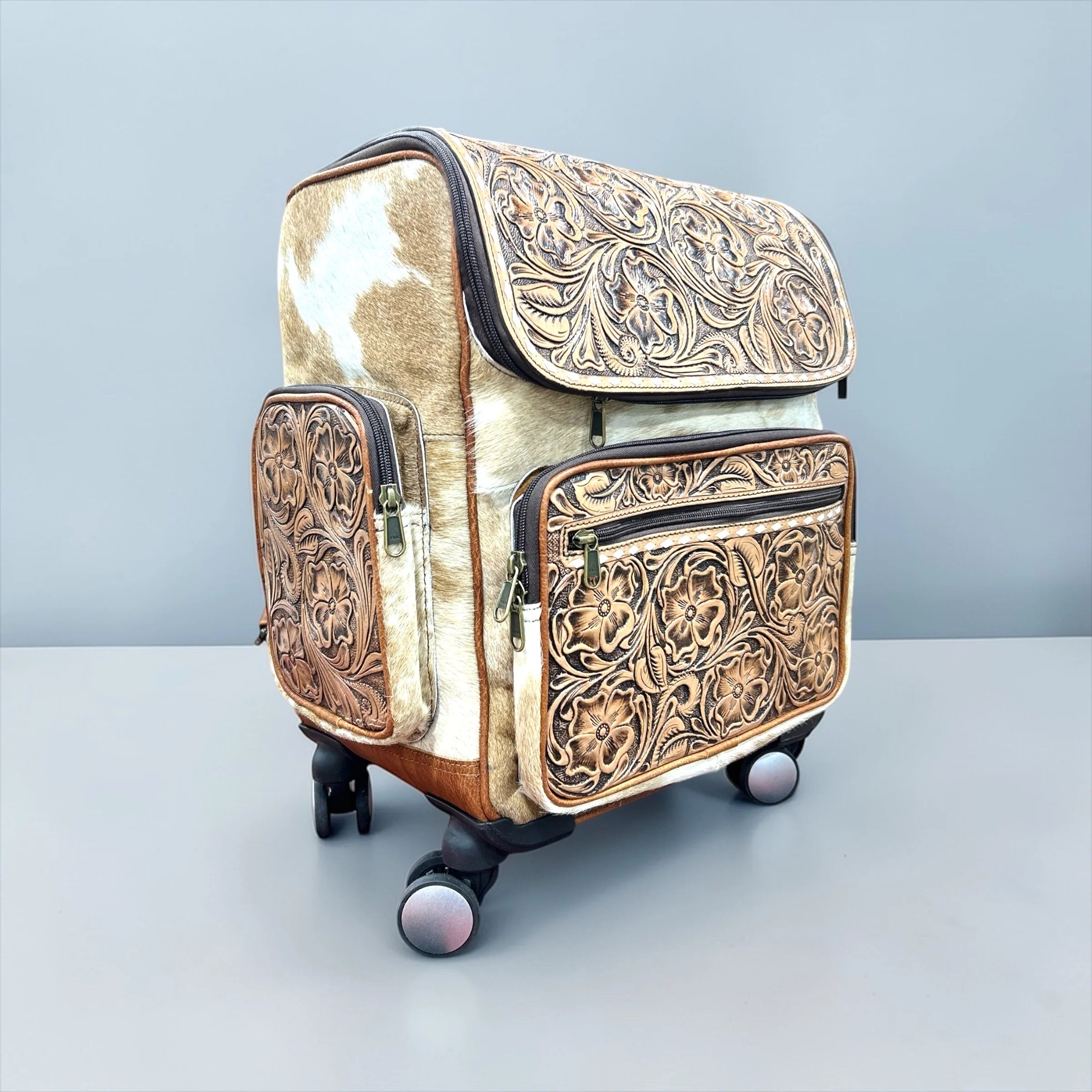 Floral Tooled Leather & Cowhide Rolling Backpack