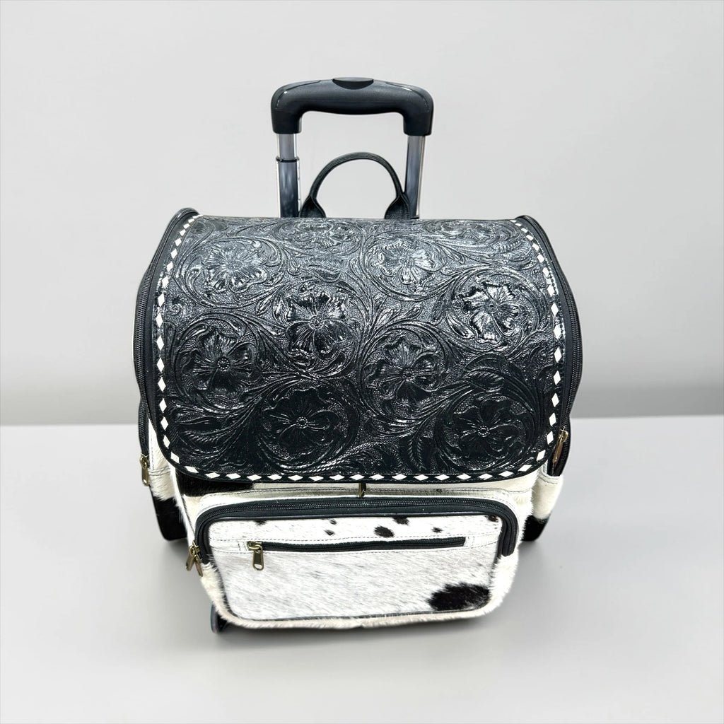 Black Tooled Leather & Cowhide Rolling Backpack