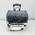 Black Tooled Leather & Cowhide Rolling Backpack