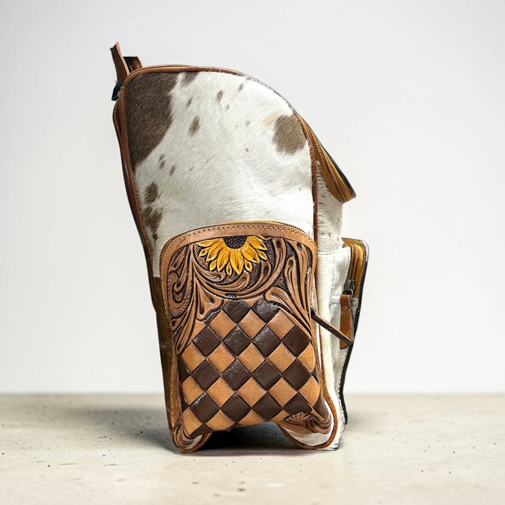 Checker Sunflower Tooled Leather & Cowhide Backpack