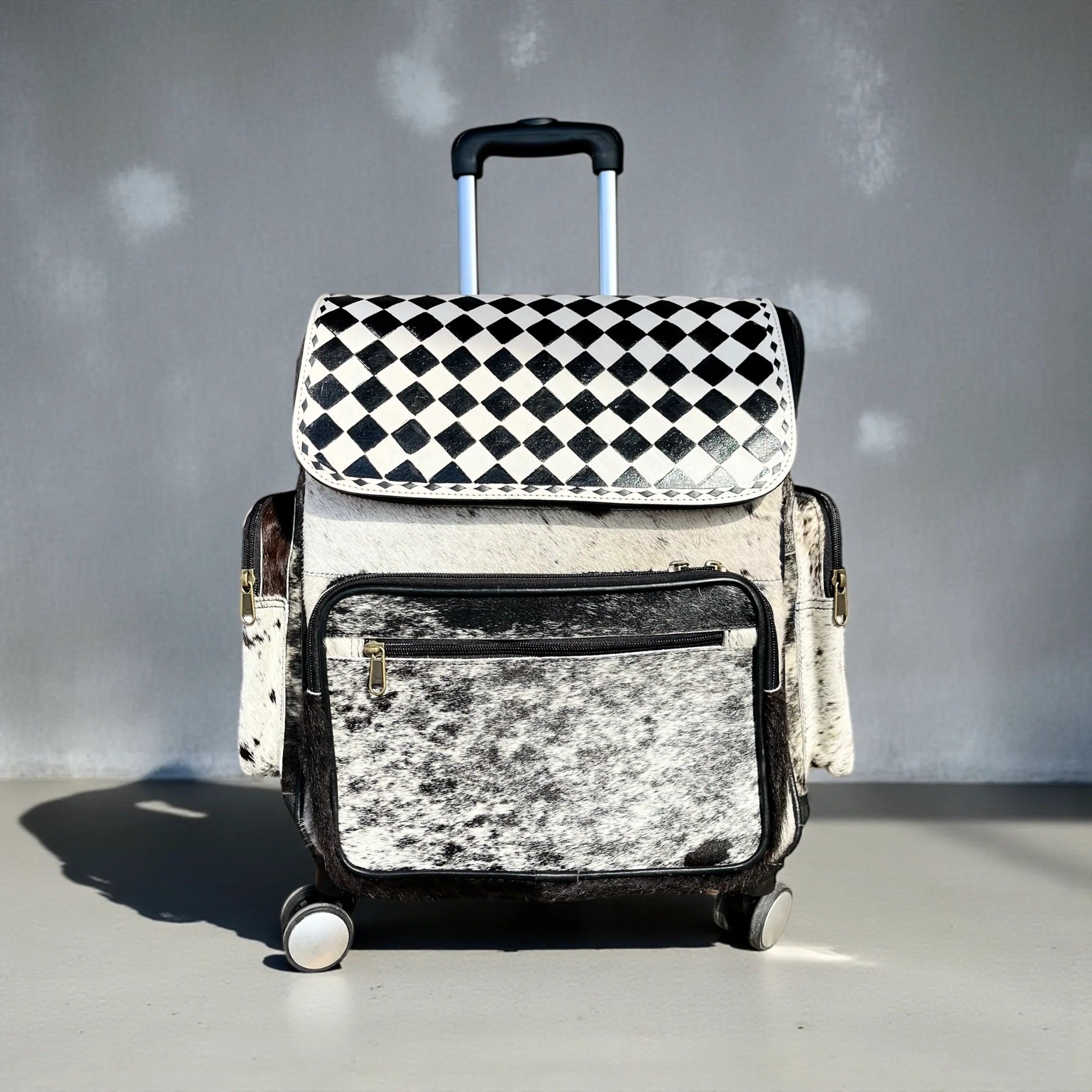 Checker Leather & Cowhide Rolling Backpack