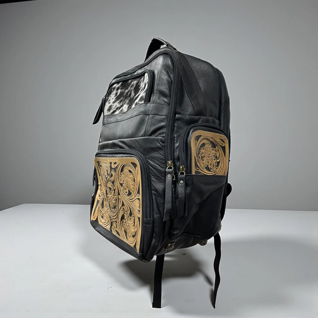 Floral Tooled Leather & Cowhide Backpack