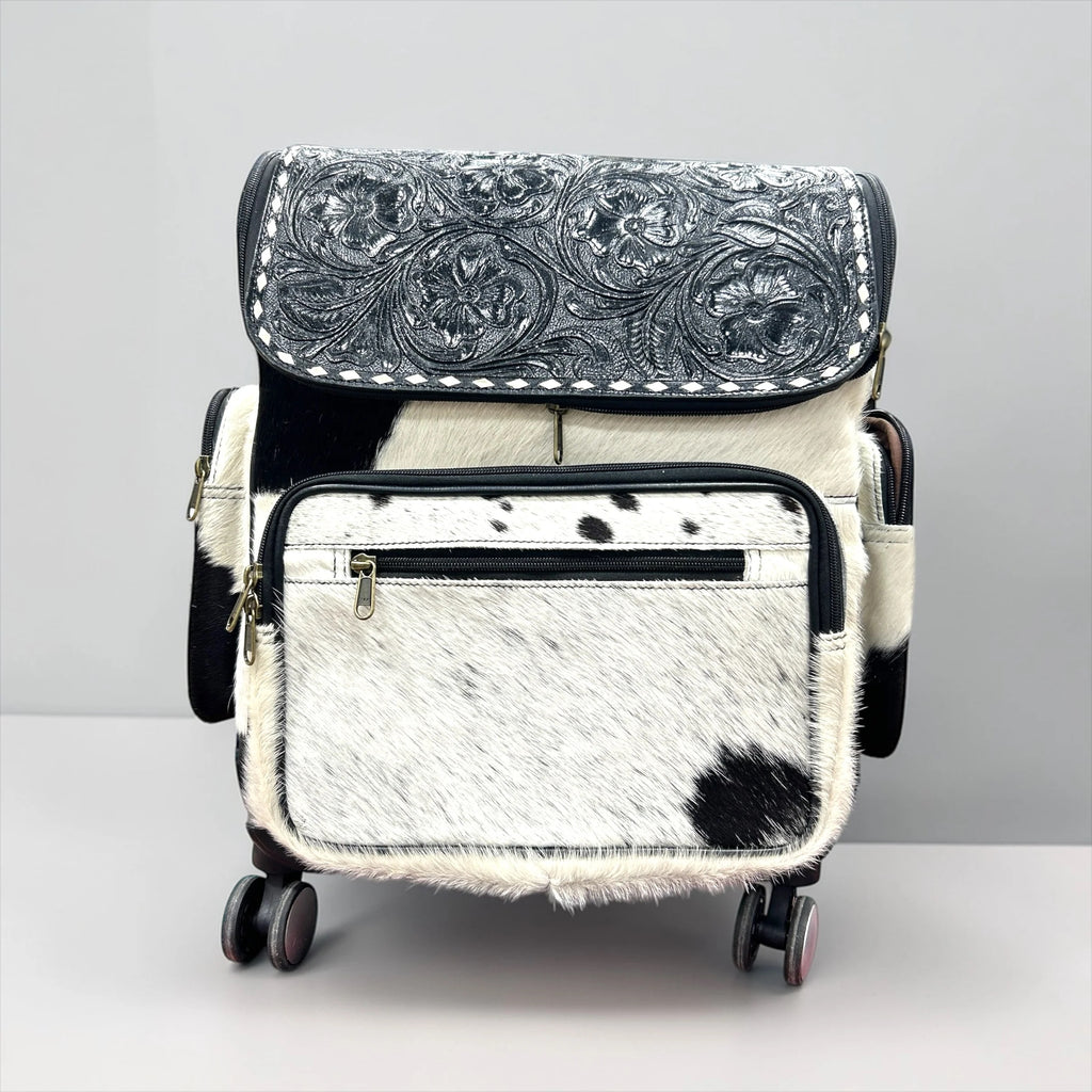 Black Tooled Leather & Cowhide Rolling Backpack