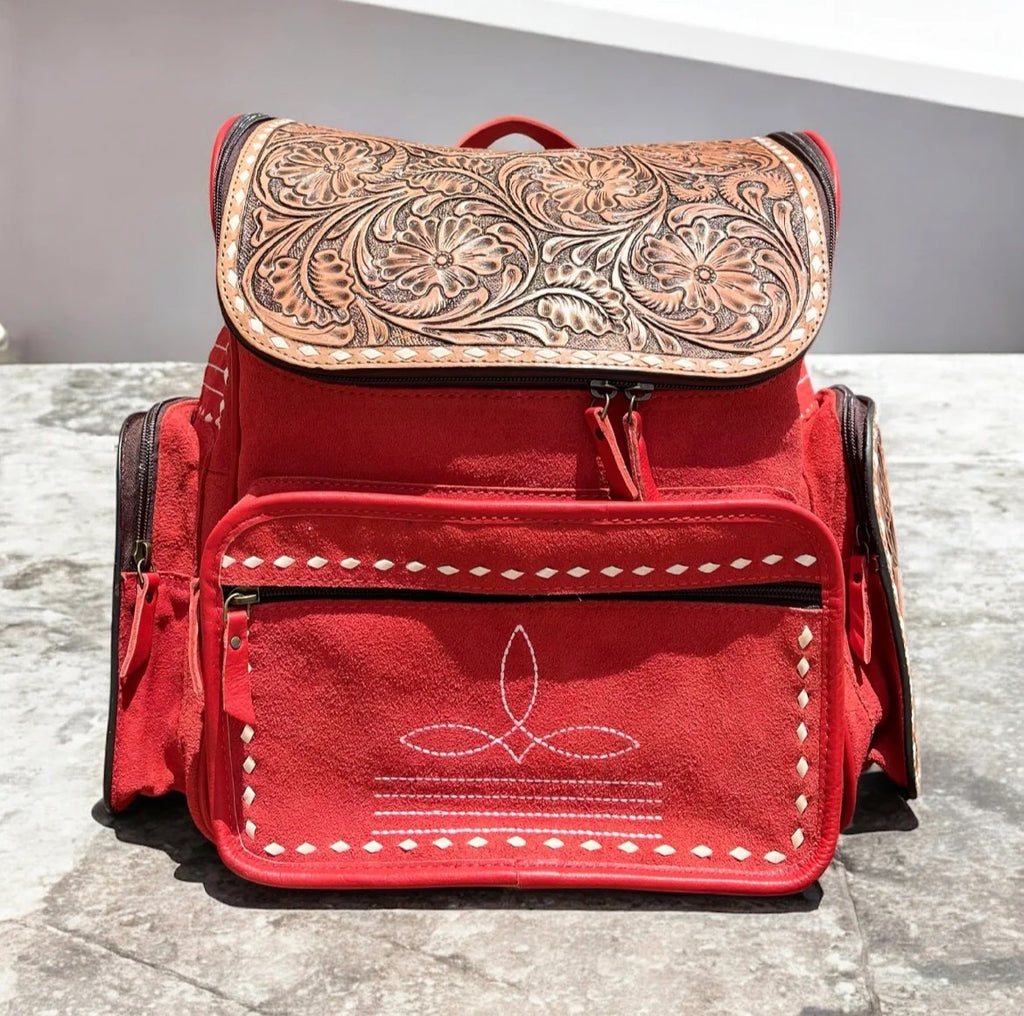 Red Suede Bootstitch Backpack