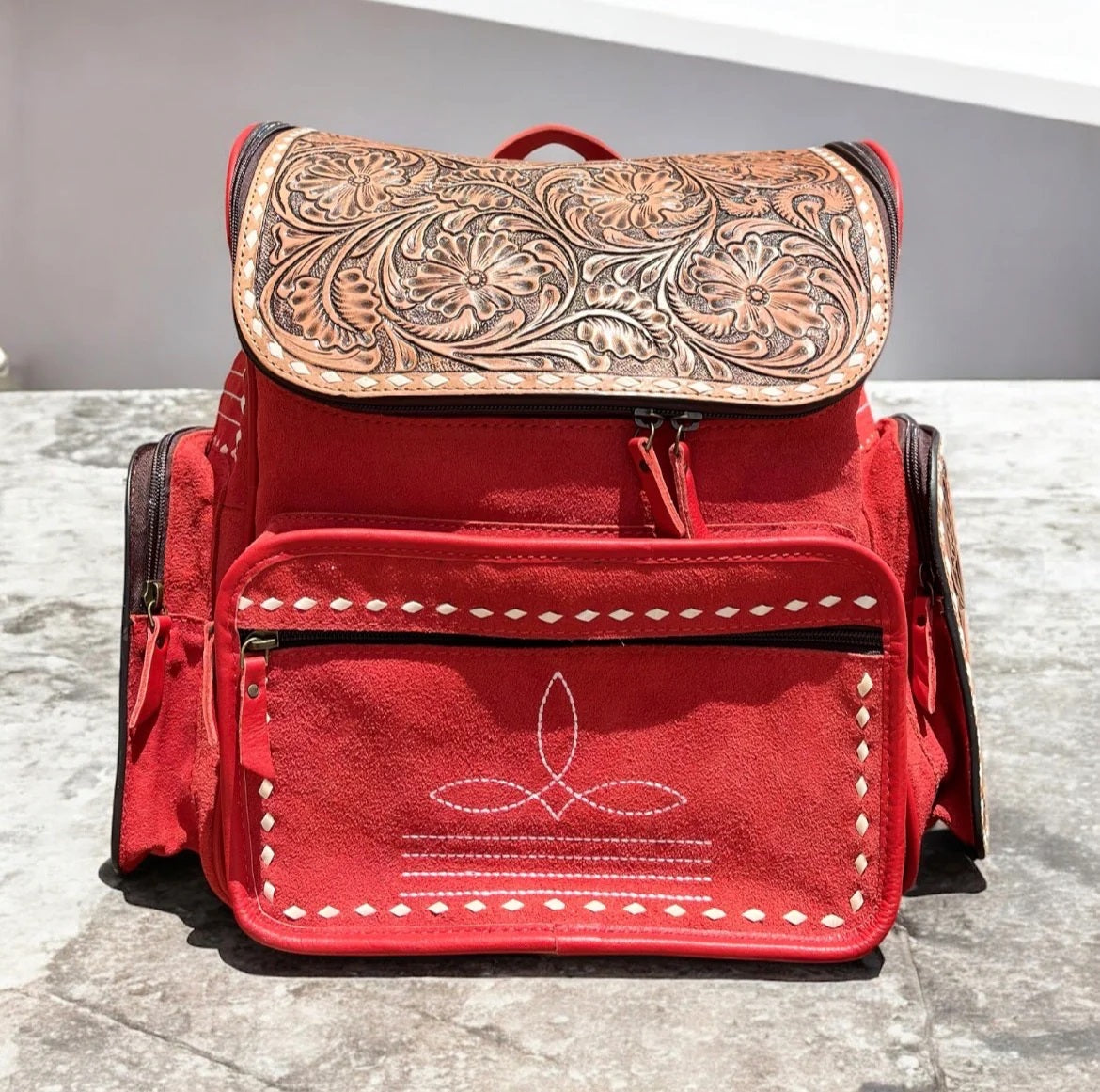 Red Suede Bootstitch Backpack