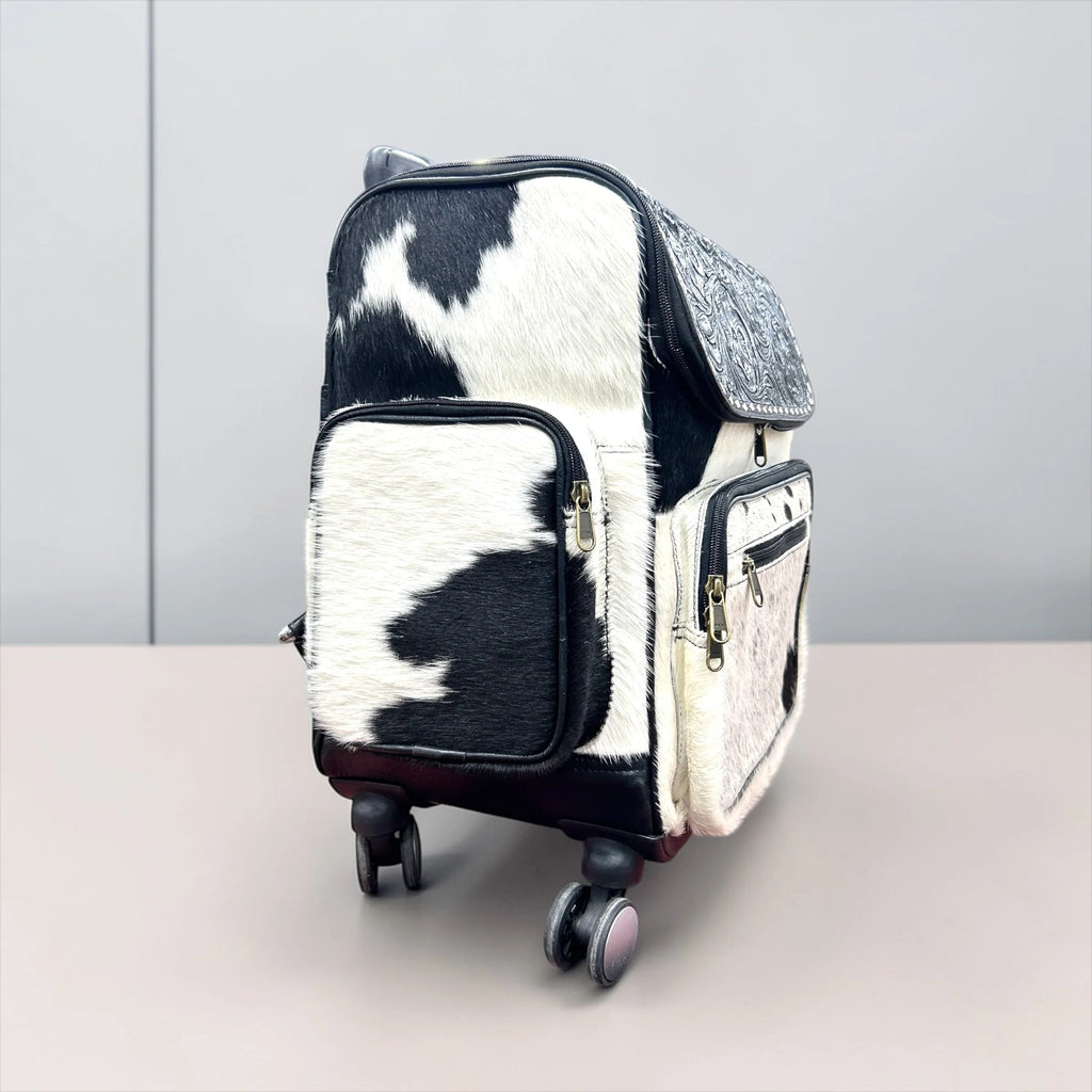 Black Tooled Leather & Cowhide Rolling Backpack