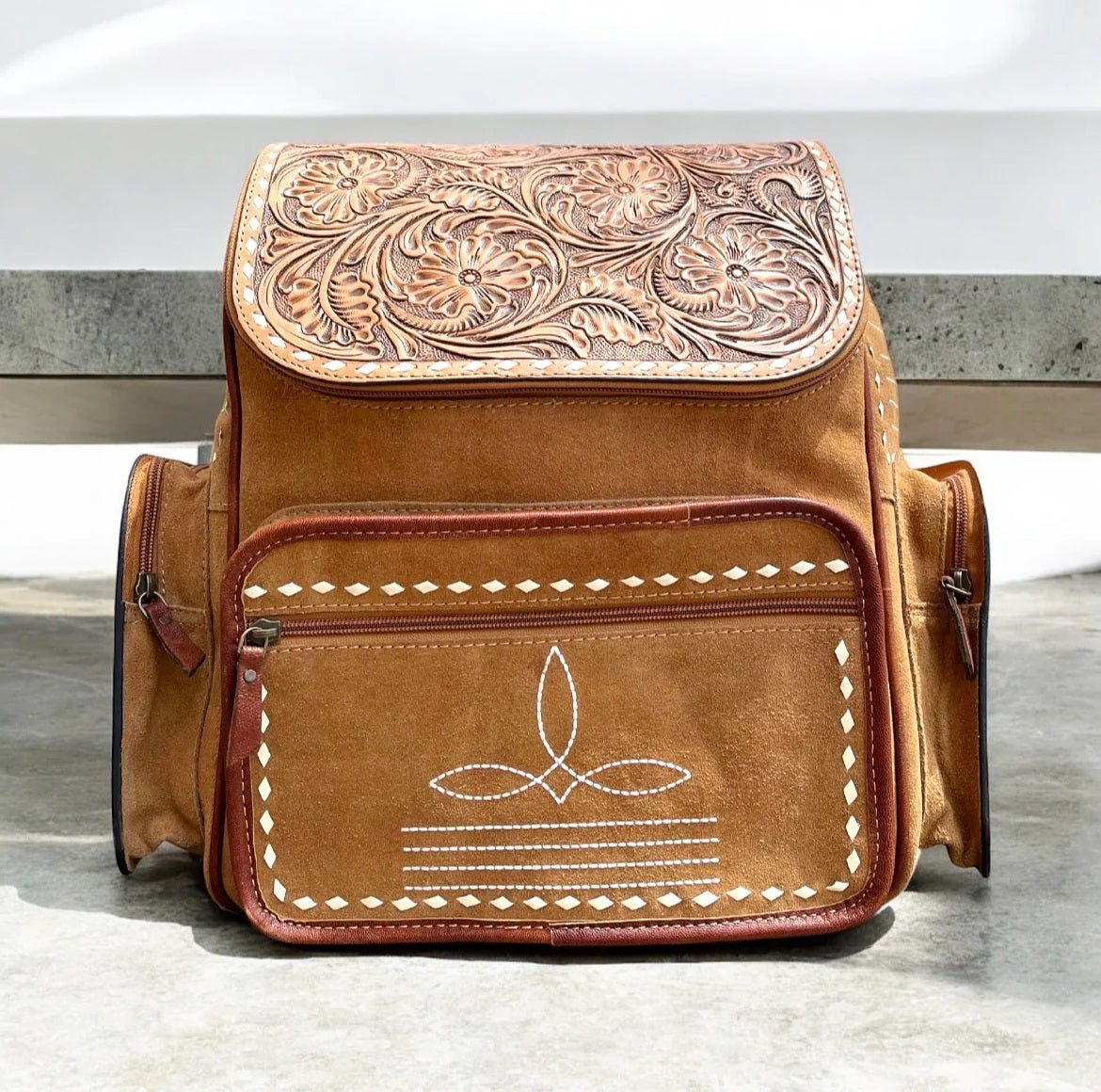 Tan Suede Bootstitch Backpack