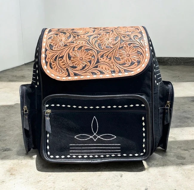 Black Suede Bootstitch Backpack