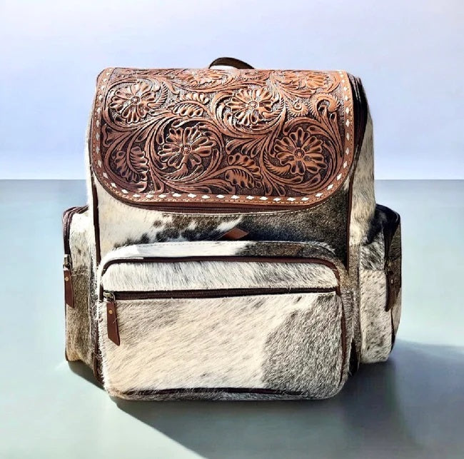 Floral Tooled & Cowhide Backpack