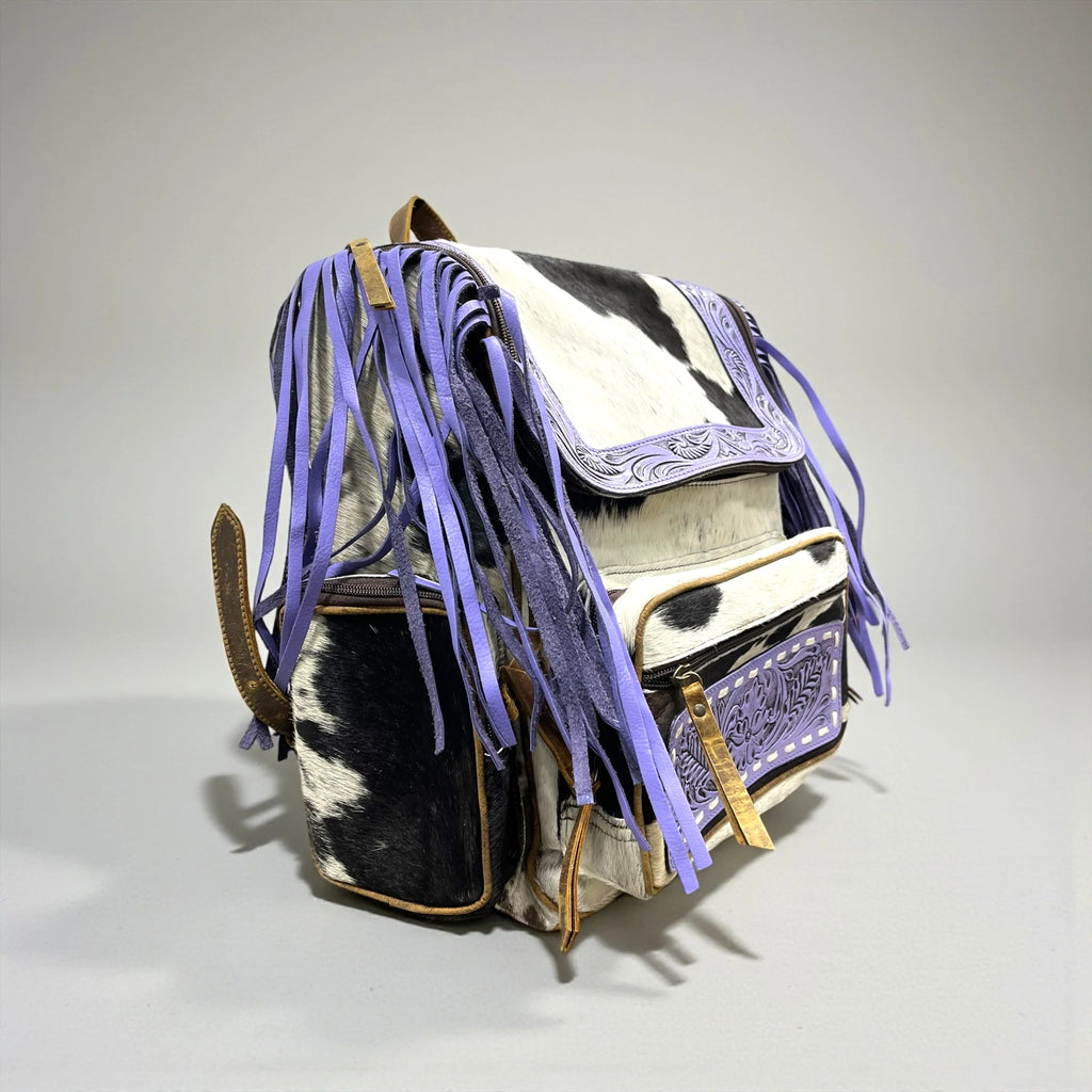 Purple Fringe Tooled Leather & Cowhide Backpack