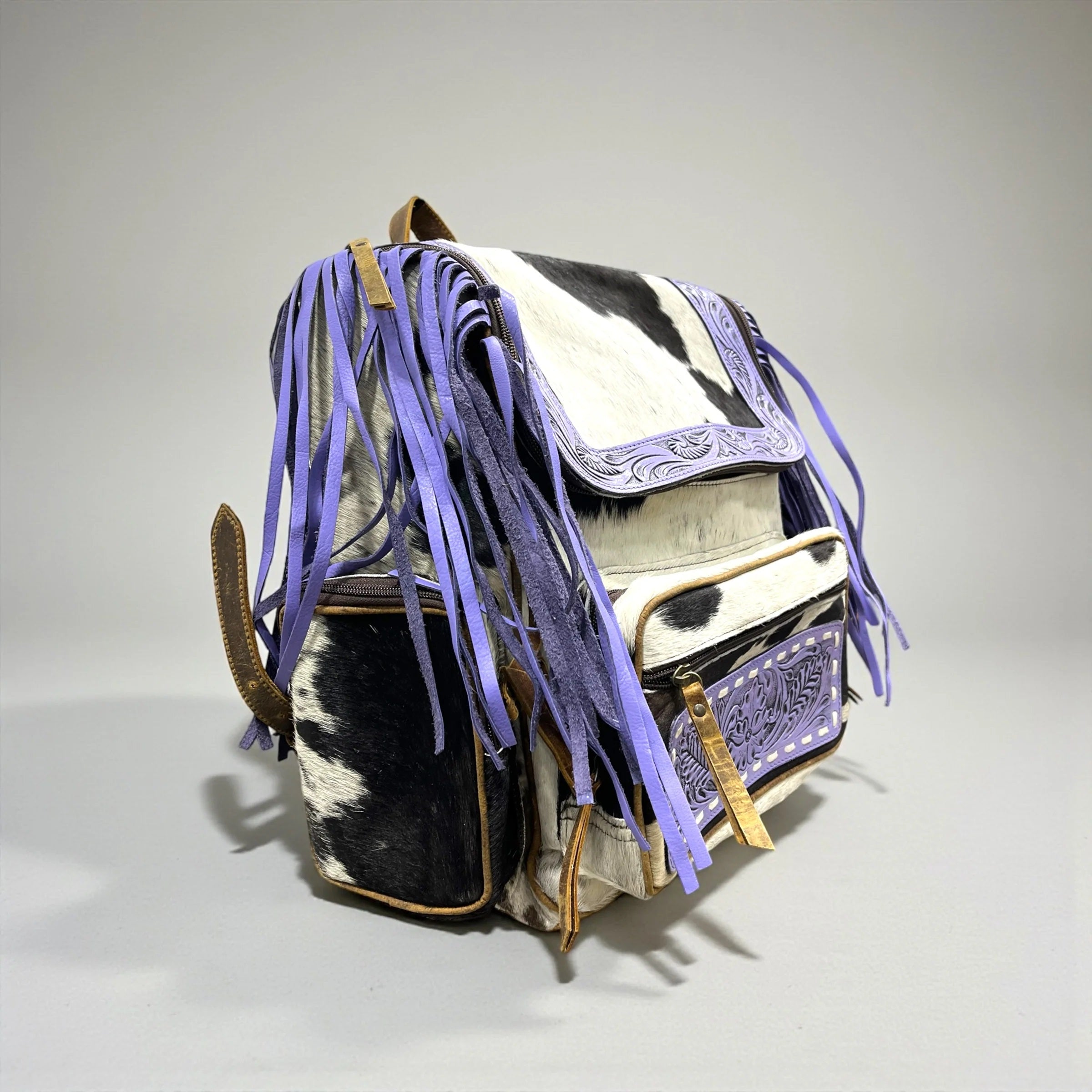 Purple Fringe Tooled Leather & Cowhide Backpack