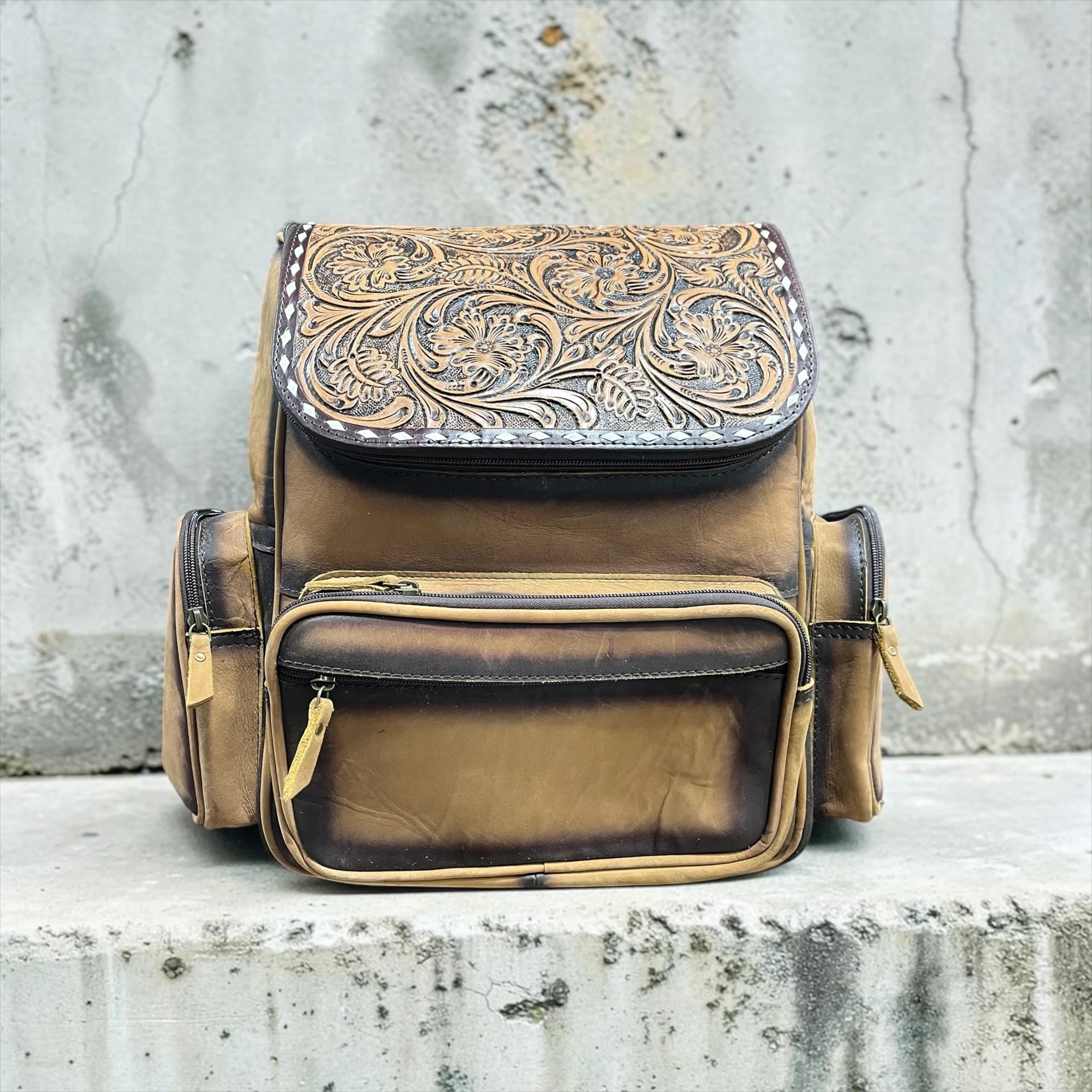 Rustic Leather Floral Tooled Leather Backpack