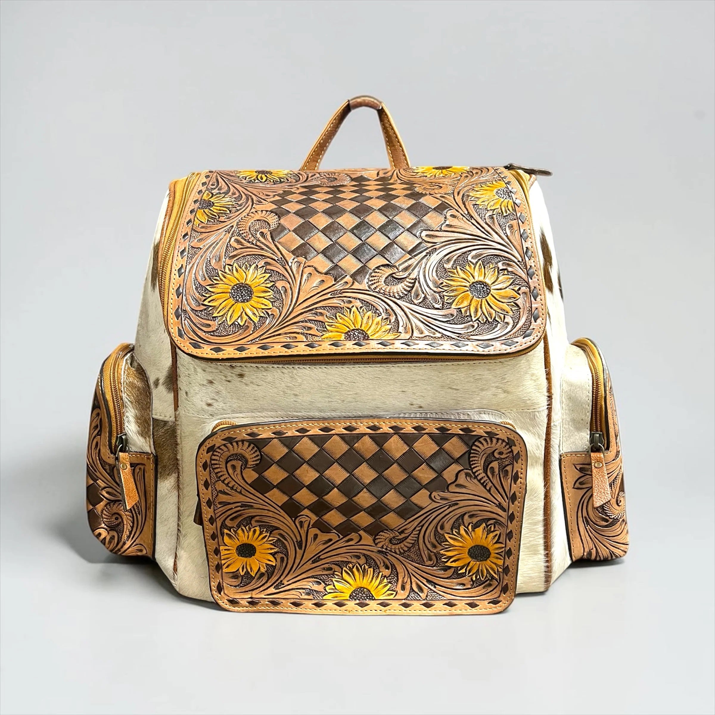 Checker Sunflower Tooled Leather & Cowhide Backpack