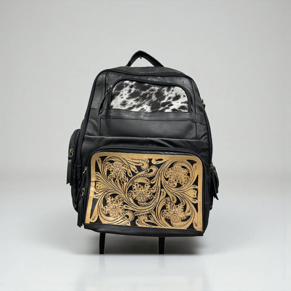 Floral Tooled Leather & Cowhide Backpack