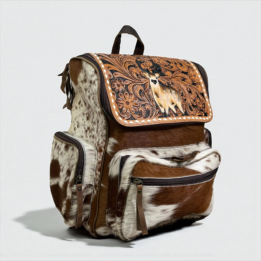 Deer Tooled Leather & Cowhide Backpack