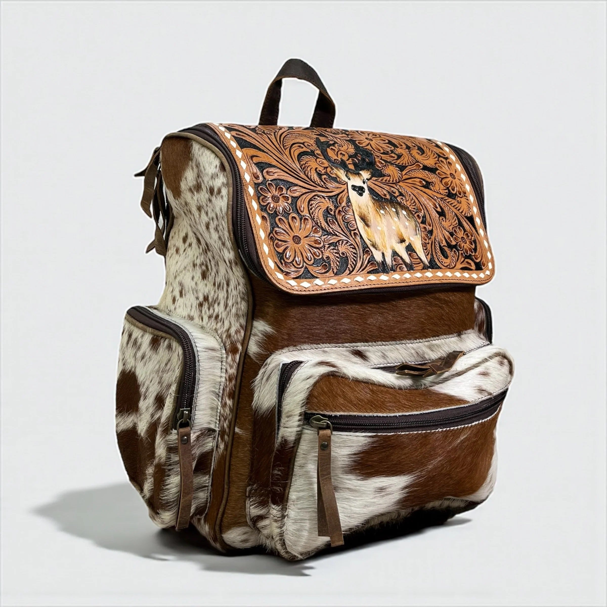 Deer Tooled Leather & Cowhide Backpack