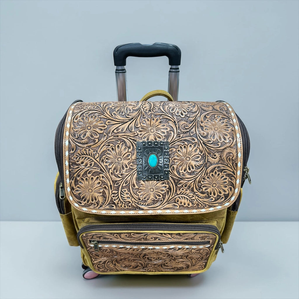All Leather Floral Tooled Leather Rolling Backpack