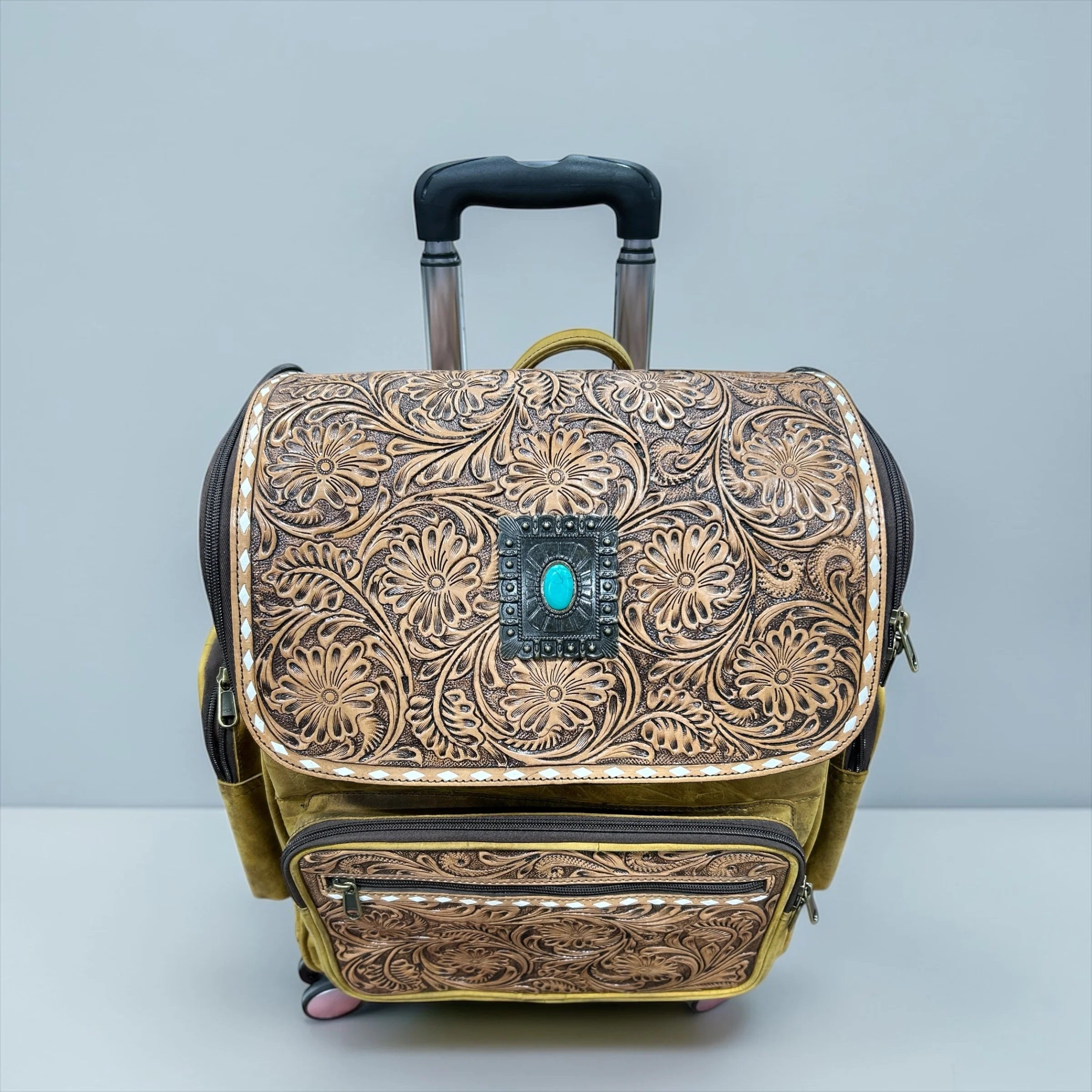 All Leather Floral Tooled Leather Rolling Backpack