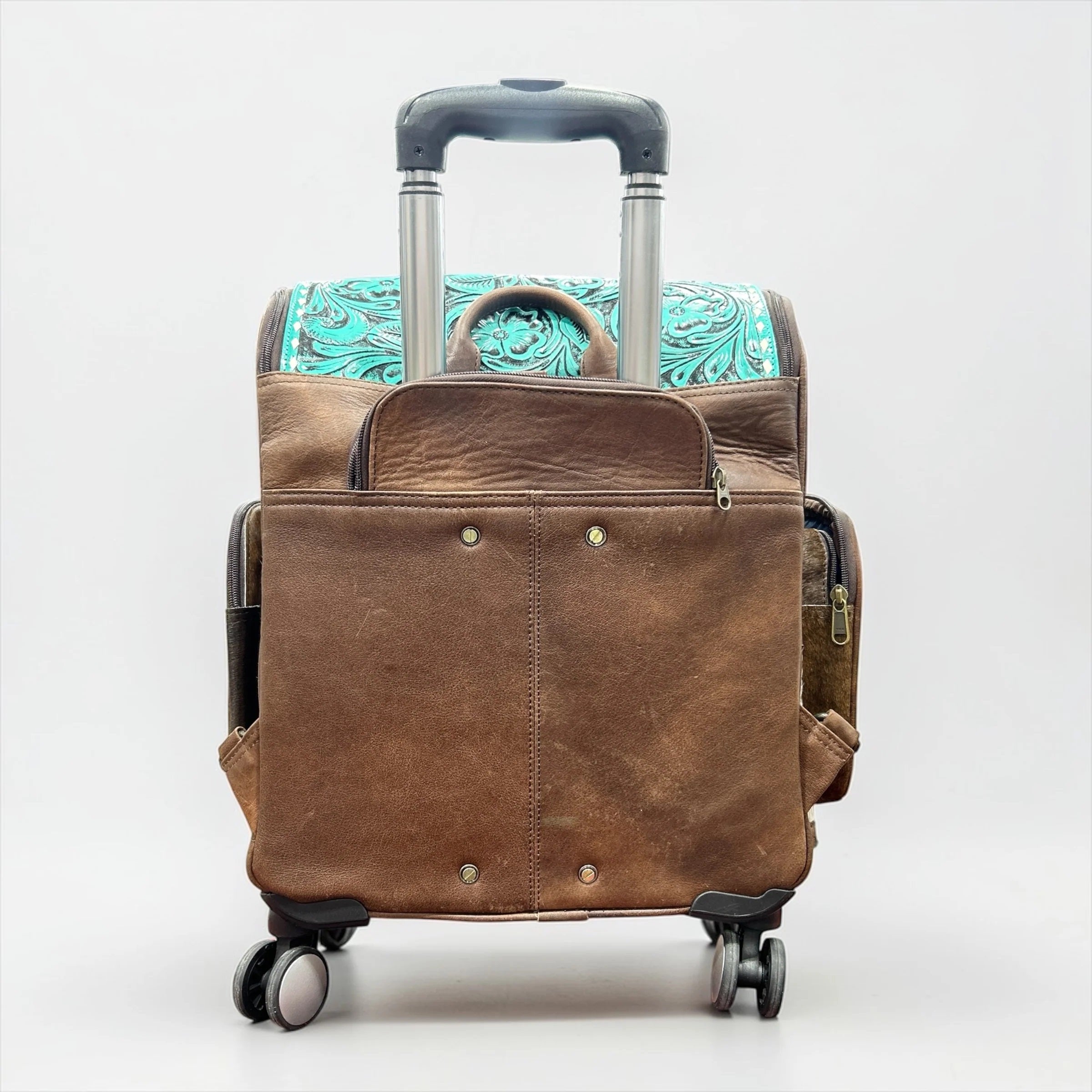 Turquoise Tooled Leather & Cowhide Rolling Backpack