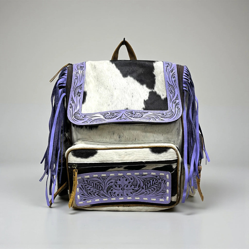 Purple Fringe Tooled Leather & Cowhide Backpack