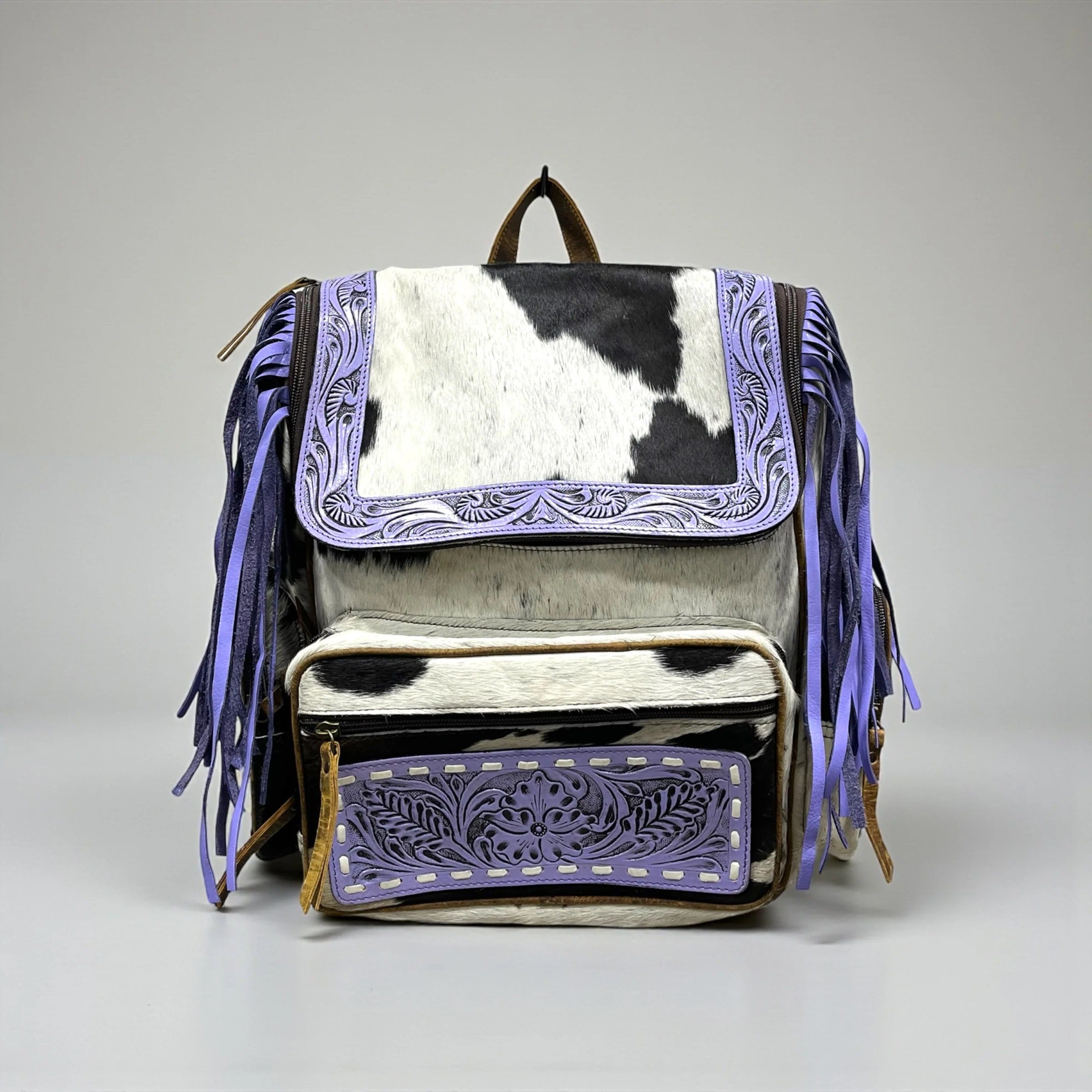 Purple Fringe Tooled Leather & Cowhide Backpack