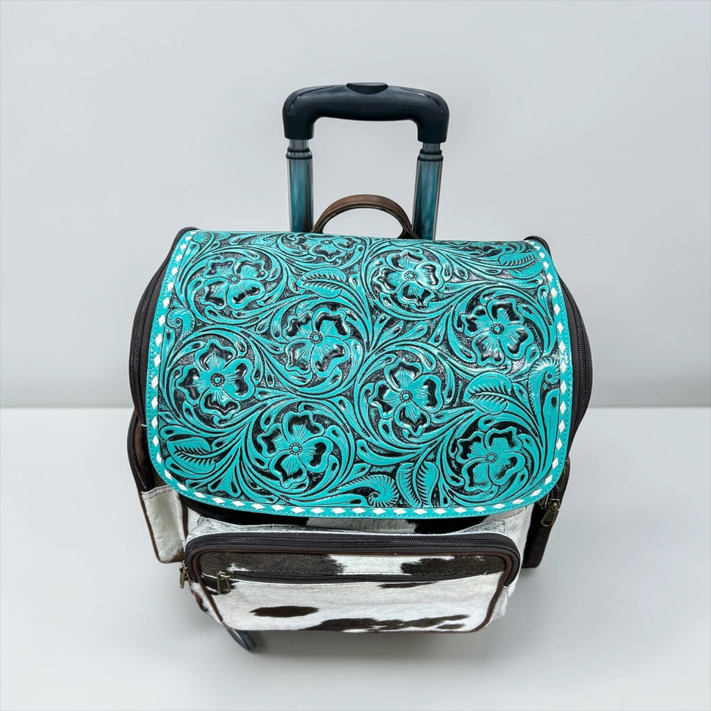 Turquoise Tooled Leather & Cowhide Rolling Backpack