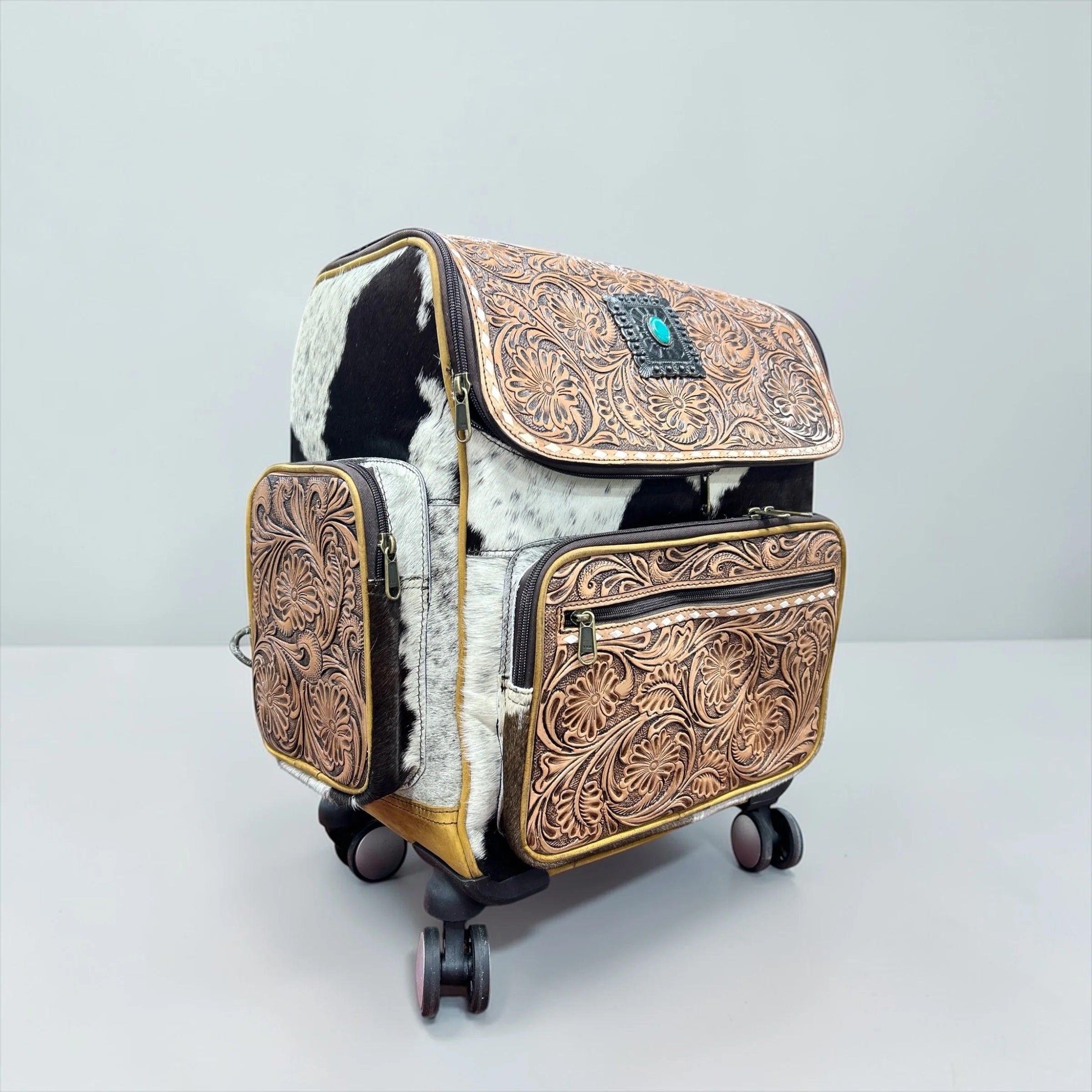 Floral Concho Tooled Leather & Cowhide Rolling Backpack
