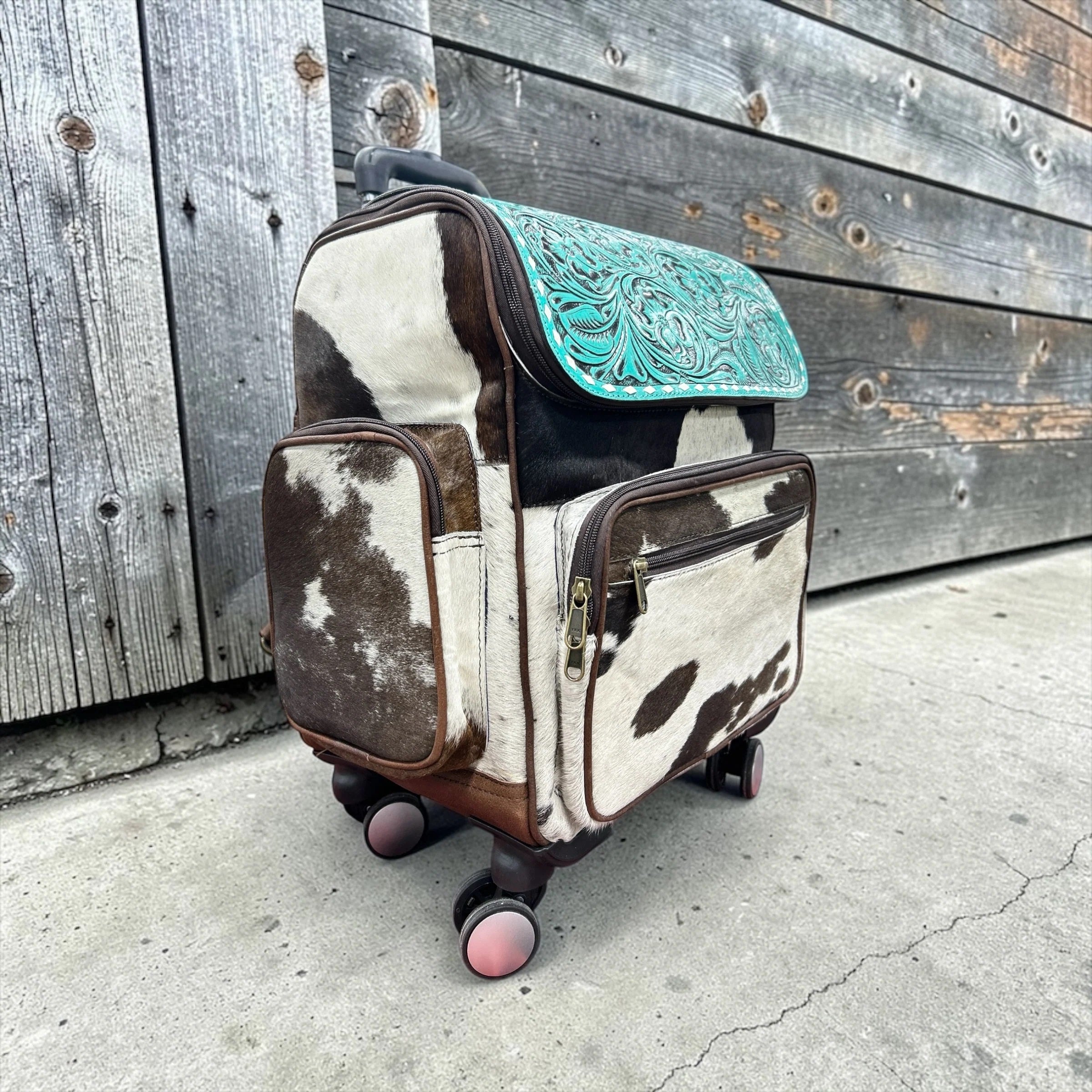 Turquoise Tooled Leather & Cowhide Rolling Backpack