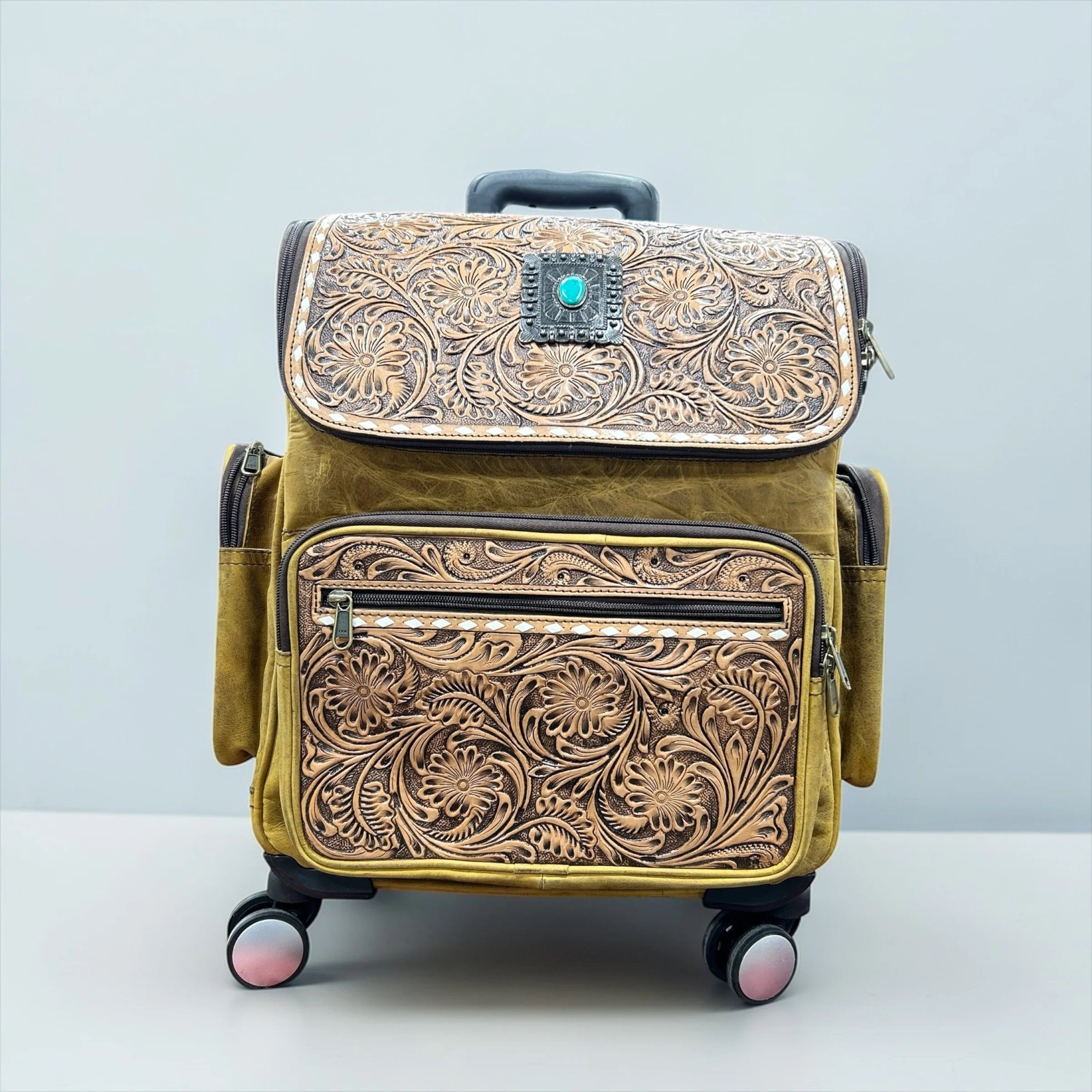 All Leather Floral Tooled Leather Rolling Backpack