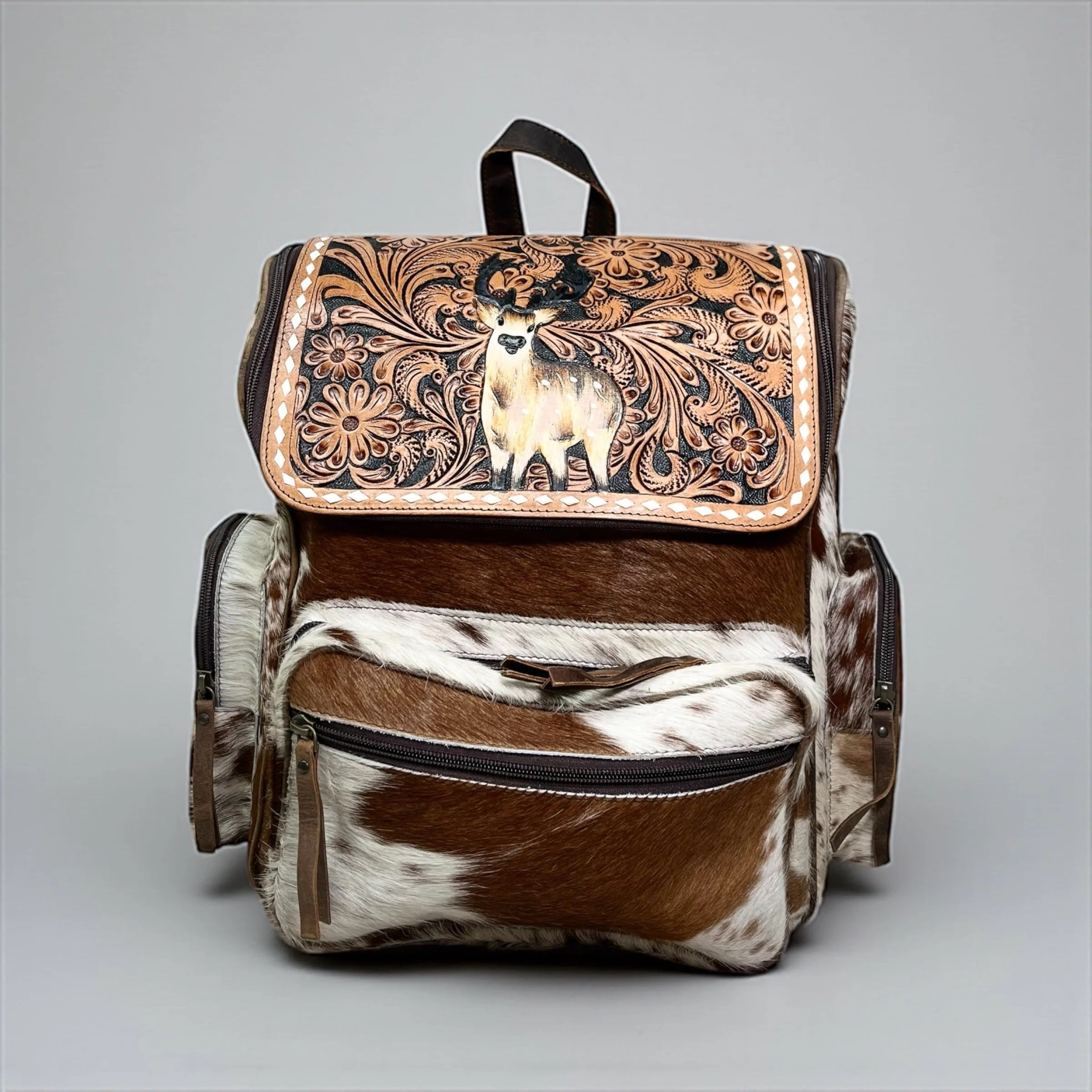 Deer Tooled Leather & Cowhide Backpack